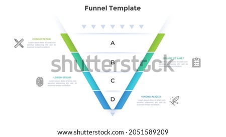 Funnel chart or inverted pyramid divided into four paper whitу layers. Concept of 4 stages of business process. Minimal infographic design template. Modern flat vector illustration for presentation.