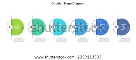 Six circular elements with pointers placed in horizontal row. Concept of 6 steps of project development process. Modern flat infographic design template. Minimal vector illustration for banner.