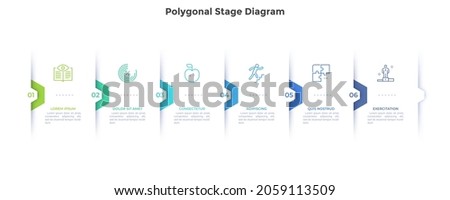 Six overlaying paper white cards with polygonal elements placed in horizontal row. Concept of 6 features of project management. Modern flat infographic design template. Minimal vector illustration.