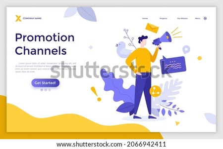 Landing page template with shouting man with megaphone. Concept of promotion channels on Internet, digital marketing strategy, online advertising campaign. Modern flat vector illustration for webpage.