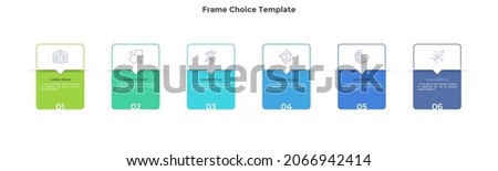 Six numbered rectangular frames placed in horizontal row. Concept of 6 stages of marketing strategy. Modern flat infographic design template. Simple vector illustration for business presentation. Imagine de stoc © 