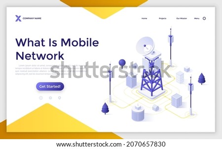 Landing page template with cell tower with antenna and city buildings on street. Concept of mobile wireless network, wifi technology, public internet access. Isometric vector illustration for website.