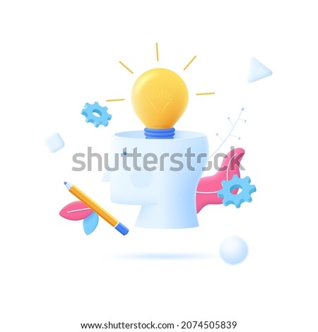 Glowing lightbulb inside human head, gearwheels, pencil. Concept of creative idea generation, isight or breakthrough, innovative discovery. 3D cartoon vector illustration for banner, poster.