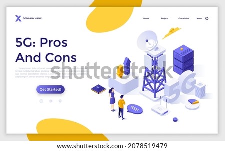 Landing page template with man and woman looking at cell tower. Concept of pros and cons of 5G technology standard for digital cellular networks. Modern isometric vector illustration for webpage.