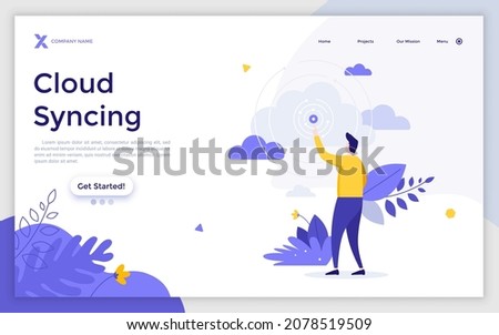Landing page template with man pointing at signal source. Concept of cloud syncing, online data synchronization, online service for digital data storage. Modern flat vector illustration for website.