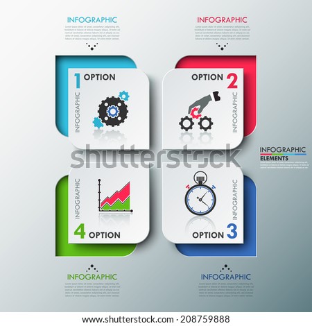 Modern infographics options template with paper sheets (rectangles with rounded corners), icons and text for 4 options. Vector. Can be used for web design and workflow layout