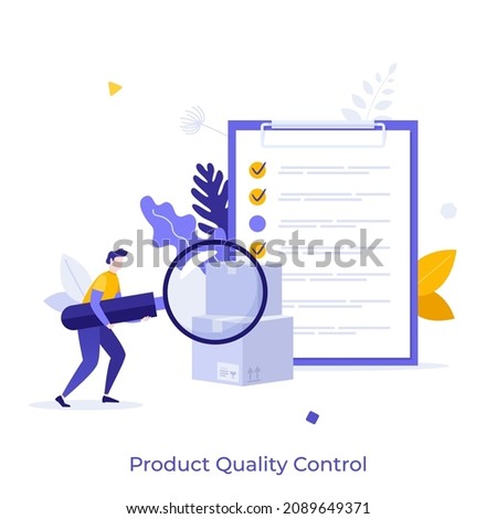 Person looking at boxes through magnifying glass and check list. Concept of product quality control, inspection or test procedure focused on fulfilling requirements. Modern flat vector illustration. Foto d'archivio © 