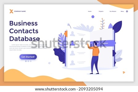 Landing page template with person looking at telephone book or directory. Concept of business contact database with client information or data. Modern flat colorful vector illustration for website.