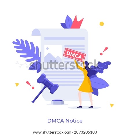 Woman attaching DMCA notice to legal document, gavel. Concept of intellectual property right infringement notification, copyright infringing material. Modern flat vector illustration for banner,poster