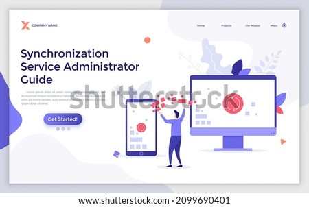 Landing page template with man standing between smartphone and computer exchanging data. Concept of digital files synchronization, device syncing and information transfer. Flat vector illustration.