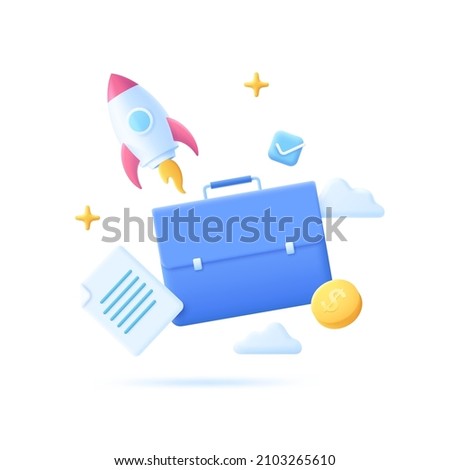 Space rocket, spaceship or spacecraft, briefcase, document, dollar coin. Concept of financial startup project launch, business gain, earning or profit. 3D cartoon vector illustration for poster banner