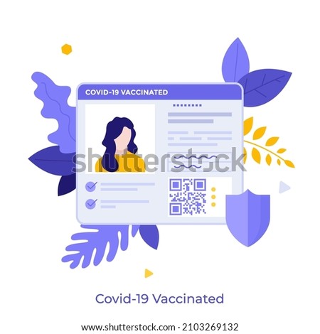 COVID-19 vaccine certificate or ID with QR code. Concept of document to prove vaccination status for travel, assurance of protection from coronavirus. Modern flat vector illustration for banner.