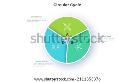 Circular pie diagram divided into 3 colorful sectors. Concept of three parts of startup project development strategy. Simple flat infographic vector illustration for statistical information analysis.
