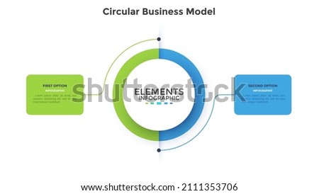 Round pie chart split into 2 equal parts. Concept of model with two features of business project to compare. Simple flat infographic vector illustration for information analysis, presentation, report. Сток-фото © 