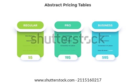 Three rounded pricing tables, application versions or subscription plans with list of features - professional, regular, business. Minimal infographic design template. Modern flat vector illustration.