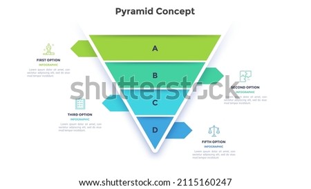 Inverted pyramid or funnel diagram with four layers and pointers. Concept of 4 levels of business development. Simple infographic design template. Modern flat vector illustration for presentation.
