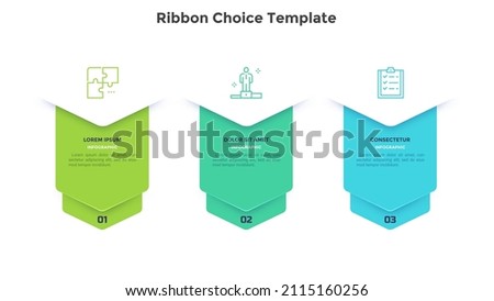 Business model with three ribbons or bookmarks placed in horizontal row. Concept of 3 stages of startup project development. Modern flat vector illustration for data visualization, business analytics.
