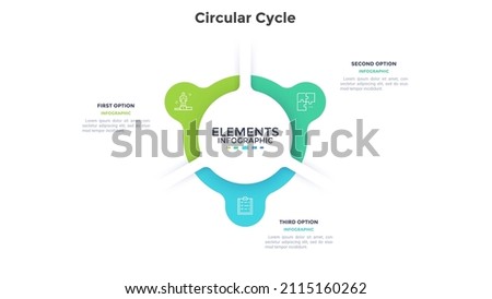 Round ring-like pie chart divided into 3 colorful parts. Concept of three features of startup development strategy. Simple flat infographic vector illustration for business information visualization.