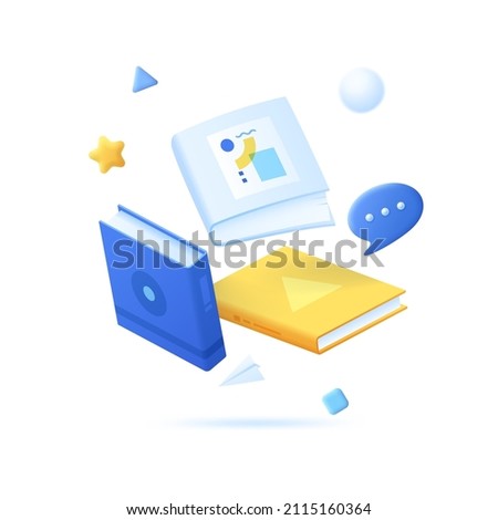 Three books, textbooks or brochures. Concept of library, academic literature, text information, publishing, reading, university education. Modern vector illustration in 3d cartoon style for banner.