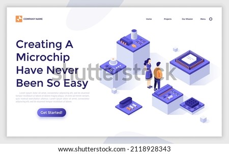 Landing page template with people surrounded by microchips. Concept of innovative microcircuit technology, integrated circuits with semiconductor transistor. Isometric vector illustration for website.