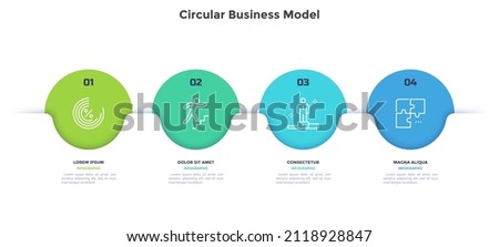 Business model with four colorful circular elements placed in horizontal row. Concept of 4 options of startup project to choose. Modern flat vector illustration for information analysis, banner.