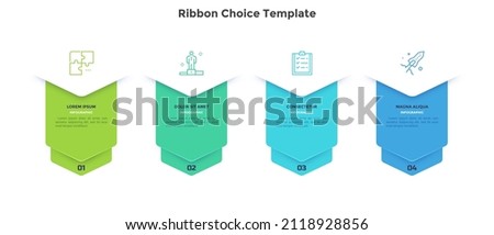 Business model with four ribbons or bookmarks placed in horizontal row. Concept of 4 stages of startup project development. Modern flat vector illustration for data visualization, business analytics.