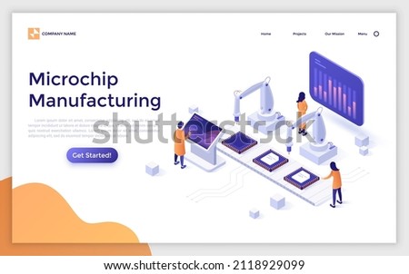 Landing page template with people working on integrated circuits production. Concept of industrial manufacturing of microchips or microprocessors. Modern isometric vector illustration for website.