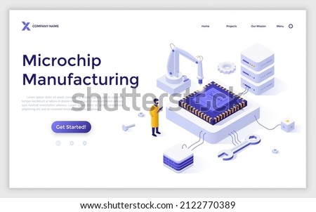 Landing page template with person monitoring microchip production. Concept of industrial manufacturing of integrated circuits or microprocessors. Modern isometric vector illustration for webpage.