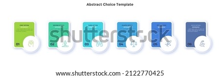 Six rectangular elements or cards placed in horizontal row. Concept of 6 features of service to select. Modern flat infographic vector illustration for business data visualization, presentation.