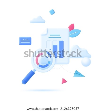 Bar chart viewed through magnifier. Concept of business growth, financial progress of startup project, statistical research, data analysis. Modern vector illustration in 3d style for banner, poster.