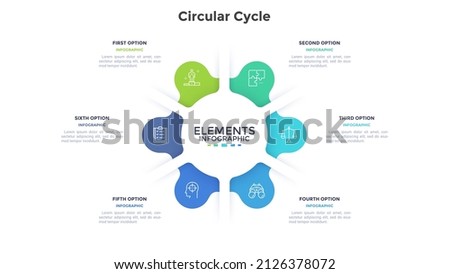 Round ring-like pie chart divided into 6 colorful parts. Concept of six features of startup development strategy. Simple flat infographic vector illustration for business information visualization.