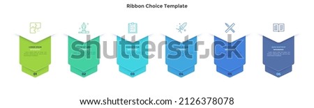 Business model with six ribbons or bookmarks placed in horizontal row. Concept of 6 stages of startup project development. Modern flat vector illustration for data visualization, business analytics.