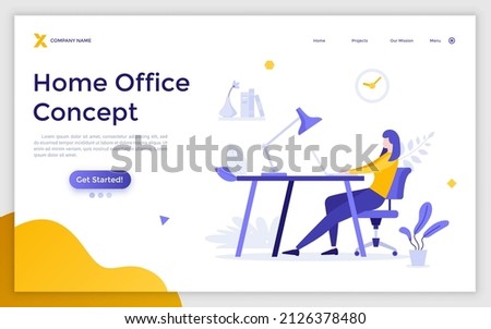 Landing page template with bearded woman sitting at desk with laptop computer. Concept of building home office, freelancer's workplace, remote or distant work. Flat vector illustration for website. Photo stock © 