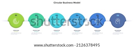 Business model with six colorful circular elements placed in horizontal row. Concept of 6 options of startup project to choose. Modern flat vector illustration for information analysis, banner.