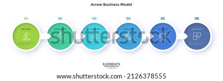 Six round elements placed in horizontal row and connected by arrows. Concept of 6 successive stages of business career development. Modern flat vector illustration for data analysis, presentation.