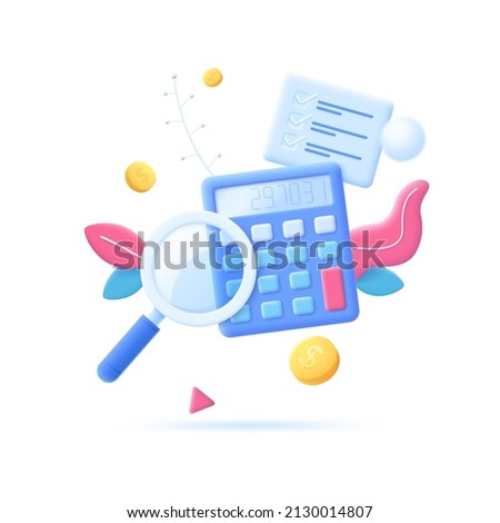 Calculator, magnifying glass, dollar coins, checklist. Concept of personal financial management, revenue calculation, accounting. Modern colorful vector illustration in 3d style for banner, poster.