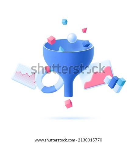 Geometric objects falling into funnel, charts, graphs and diagrams. Concept of sales statistics, successful marketing strategy. Modern colorful vector illustration in 3d style for banner, poster.