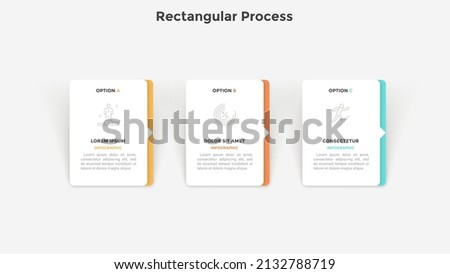 Process chart with three paper white rectangular elements with arrows arranged in horizontal row. Concept of 3 steps to career success. Simple infographic design template. Flat vector illustration.