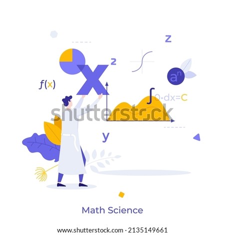 Scientist or mathematician moving variables of differential equation, charts and graphs. Concept of mathematics, mathematical science, algebra or calculus. Modern flat vector illustration for poster.