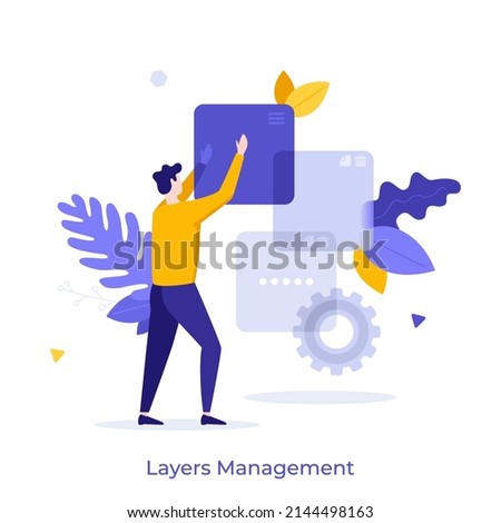 Person moving translucent digital elements or windows. Concept of layers management, software option or feature, app or program interface. Modern flat colorful vector illustration for banner, poster. Stock foto © 