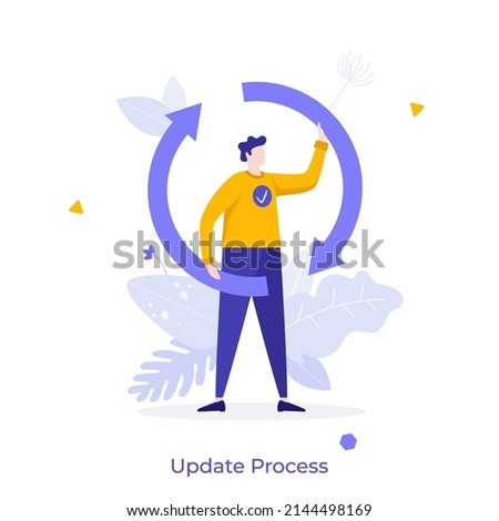 Person and arrow cycle symbol. Concept of software version update or renewal process indication, system or web application upgrade procedure. Flat colorful vector illustration for banner, poster.