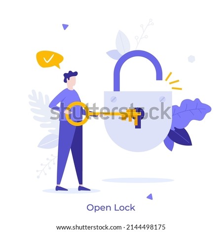 Person opening padlock with key. Concept of approved, allowed or authorized access to protected data, successful authorization, right password. Modern flat vector illustration for banner, poster. Foto d'archivio © 