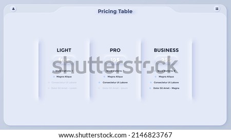 Three rectangular pricing tables or software versions with list of features to compare and select - light, pro, business. Minimal infographic design template. Modern neumorphic vector illustration.