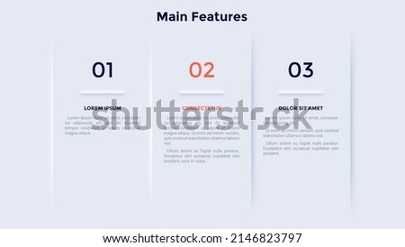 Three rectangular paper white elements placed in horizontal row. Concept of 3 startup project options to choose. Minimal infographic design template. Neumorphic vector illustration for presentation.