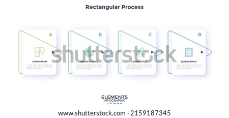 Process chart with four paper white cards placed in horizontal row and connected by thin line pointers. Concept of 4 strategic steps. Minimal infographic design template. Flat vector illustration.
