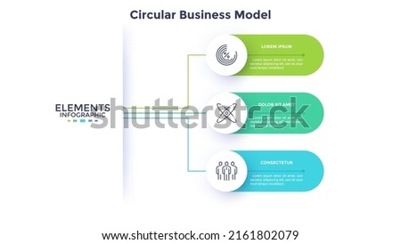 Business model with three circles connected to main element. Concept of 3 features of startup project. Minimal infographic design template. Modern flat vector illustration for data visualization.