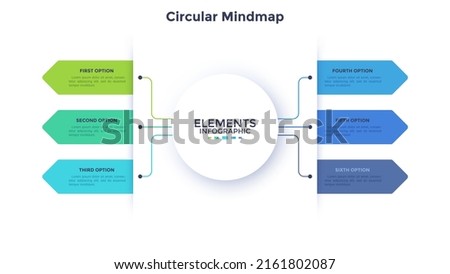 Mind map with six colorful tags connected to main circular element. Concept of 6 features of startup company. Minimal infographic design template. Modern flat vector illustration for presentation.