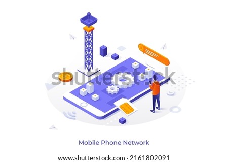 Conceptual template with man standing in front of smartphone, radio tower and SIM card. Scene for mobile phone communication, cellular network. Modern isometric vector illustration for website.
