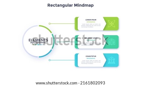 Mind map with three rectangular elements connected to main circle. Concept of business plan with 3 strategic steps. Minimal infographic design template. Modern flat vector illustration for report.