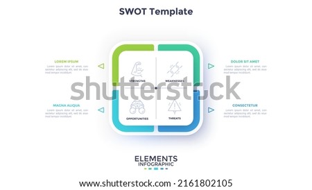 Square SWOT chart divided into four paper white parts. Concept of threats, weaknesses, strengths, opportunities of company. Simple clean infographic design template. Modern flat vector illustration.